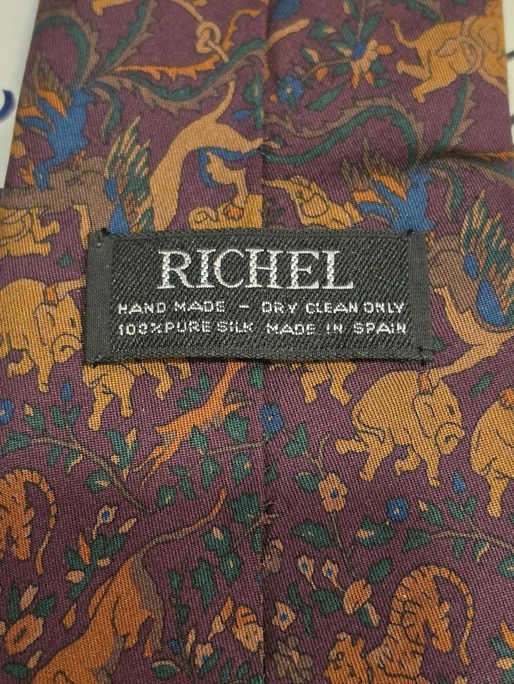 Richel 100% Silk Tie Hand Made in Spain Wild Animal Tiger Elephant Necktie